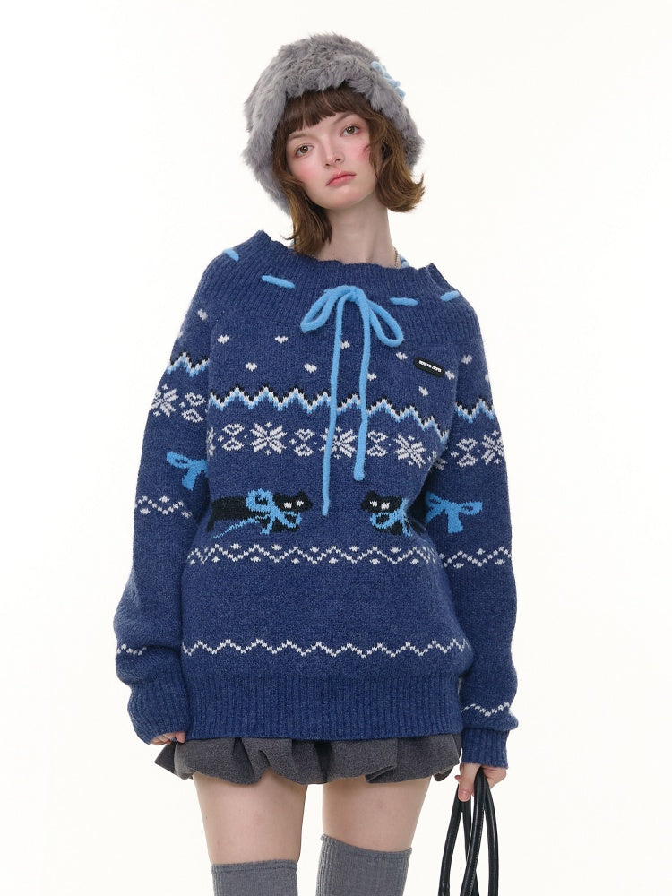 Bow Lazy Fair Island Style Semi-Turtle Neck Sweater【s0000015237】