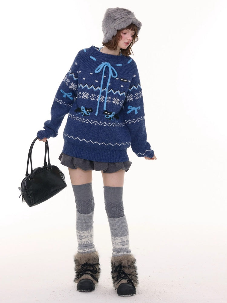 Bow Lazy Fair Island Style Semi-Turtle Neck Sweater【s0000015237】