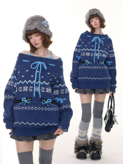 Bow Lazy Fair Island Style Semi-Turtle Neck Sweater【s0000015237】
