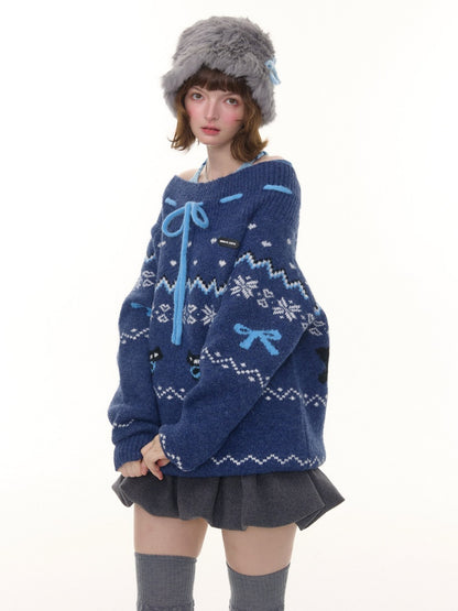 Bow Lazy Fair Island Style Semi-Turtle Neck Sweater【s0000015237】