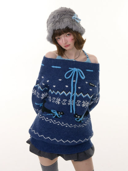 Bow Lazy Fair Island Style Semi-Turtle Neck Sweater【s0000015237】