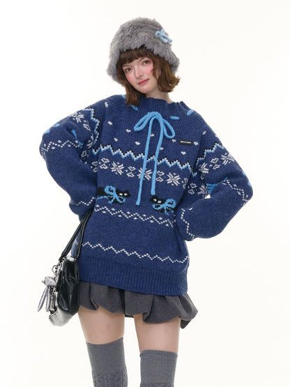 Bow Lazy Fair Island Style Semi-Turtle Neck Sweater【s0000015237】