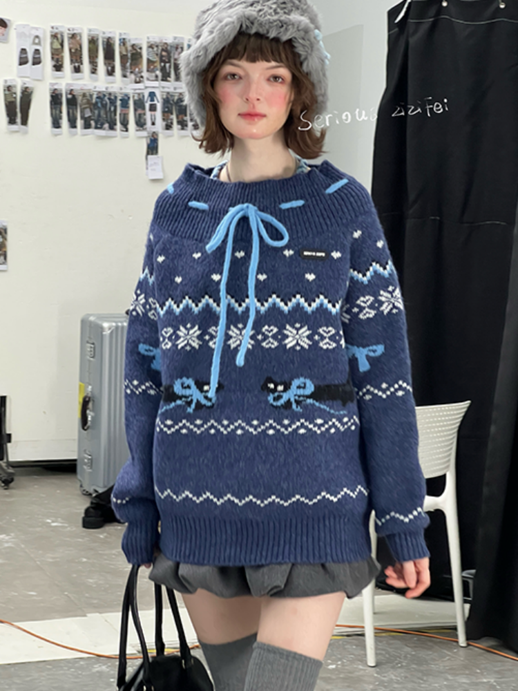 Bow Lazy Fair Island Style Semi-Turtle Neck Sweater【s0000015237】