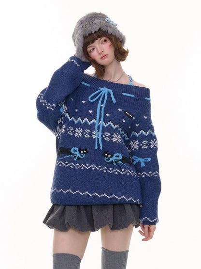 Bow Lazy Fair Island Style Semi-Turtle Neck Sweater【s0000015237】