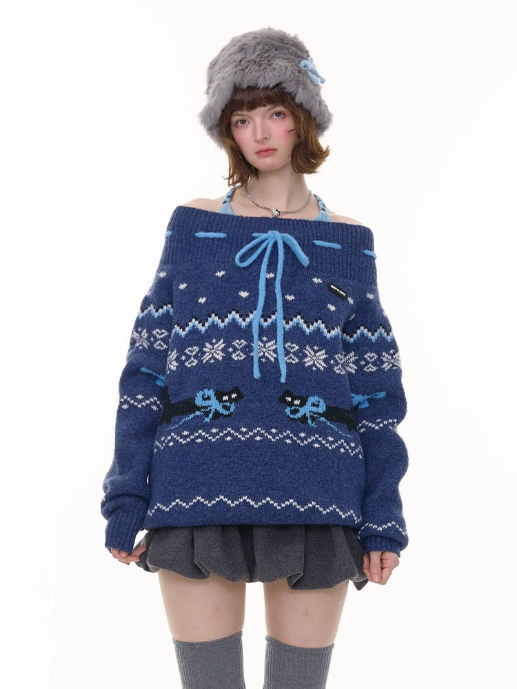 Bow Lazy Fair Island Style Semi-Turtle Neck Sweater【s0000015237】