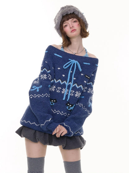 Bow Lazy Fair Island Style Semi-Turtle Neck Sweater【s0000015237】