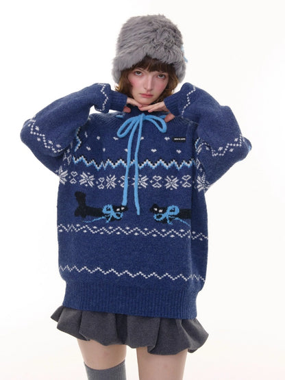 Bow Lazy Fair Island Style Semi-Turtle Neck Sweater【s0000015237】