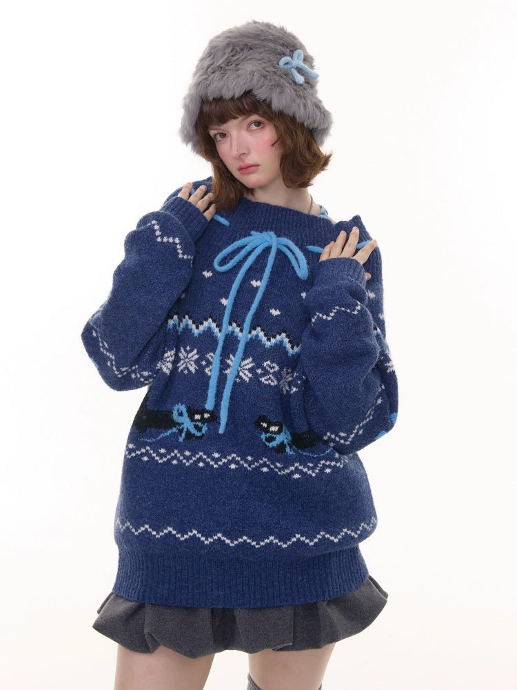 Bow Lazy Fair Island Style Semi-Turtle Neck Sweater【s0000015237】