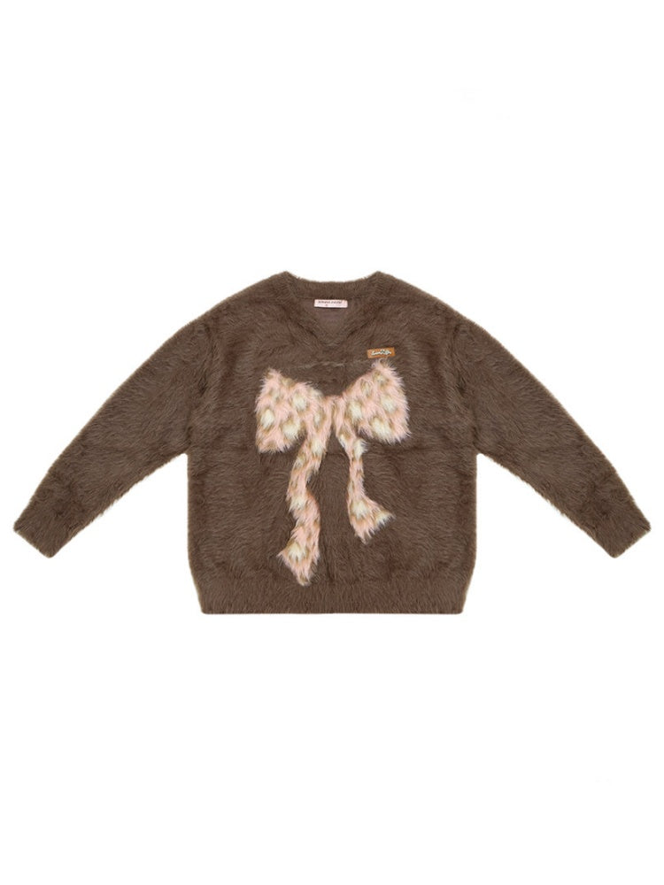 Leopard Print Bow Pattern Plush Soft Waxy V-Neck Sweater【s0000015238】