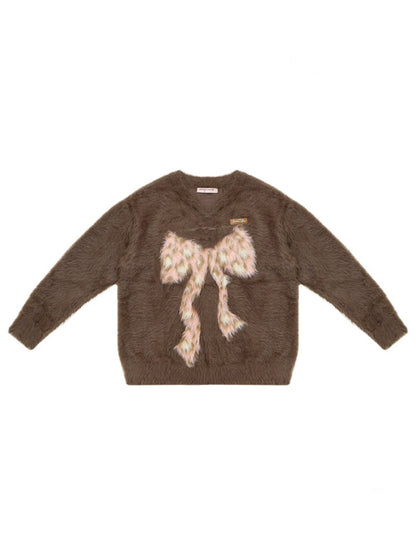 Leopard Print Bow Pattern Plush Soft Waxy V-Neck Sweater【s0000015238】
