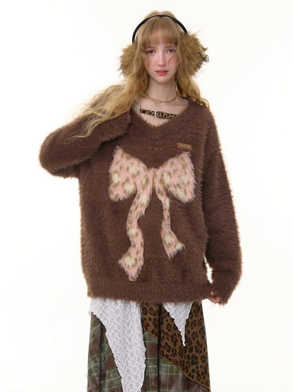 Leopard Print Bow Pattern Plush Soft Waxy V-Neck Sweater【s0000015238】