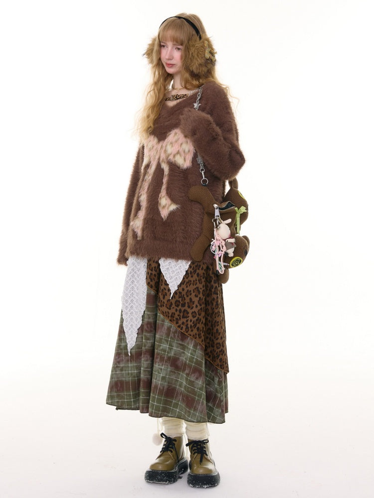 Leopard Print Bow Pattern Plush Soft Waxy V-Neck Sweater【s0000015238】