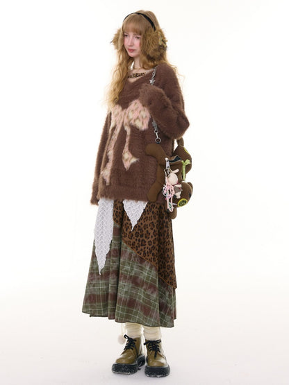 Leopard Print Bow Pattern Plush Soft Waxy V-Neck Sweater【s0000015238】