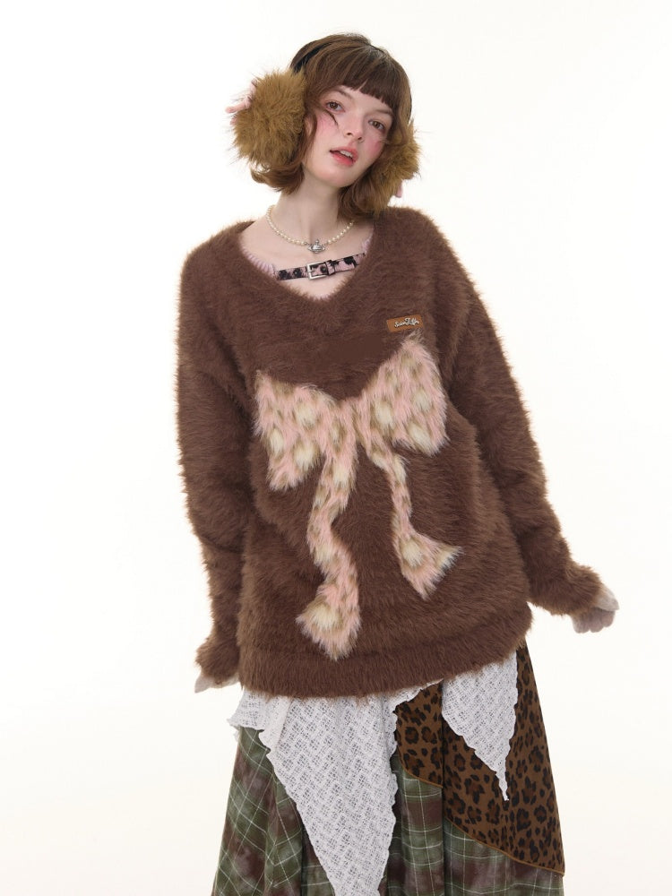 Leopard Print Bow Pattern Plush Soft Waxy V-Neck Sweater【s0000015238】