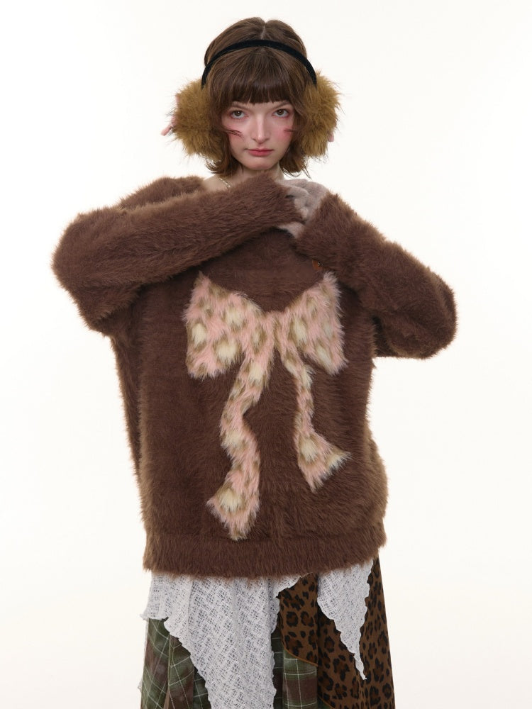 Leopard Print Bow Pattern Plush Soft Waxy V-Neck Sweater【s0000015238】