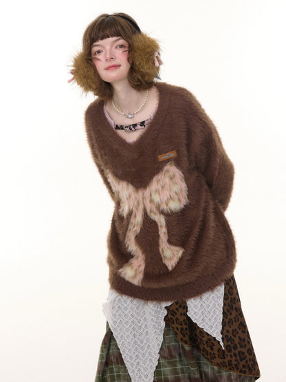 Leopard Print Bow Pattern Plush Soft Waxy V-Neck Sweater【s0000015238】