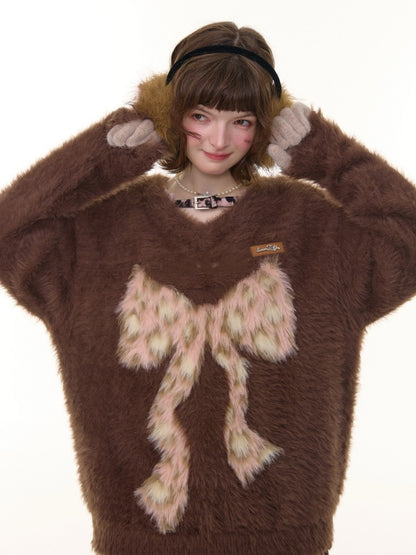 Leopard Print Bow Pattern Plush Soft Waxy V-Neck Sweater【s0000015238】