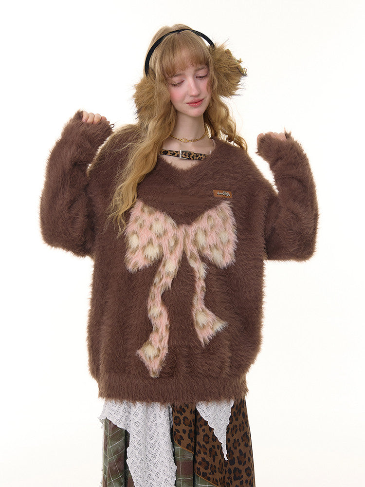 Leopard Print Bow Pattern Plush Soft Waxy V-Neck Sweater【s0000015238】