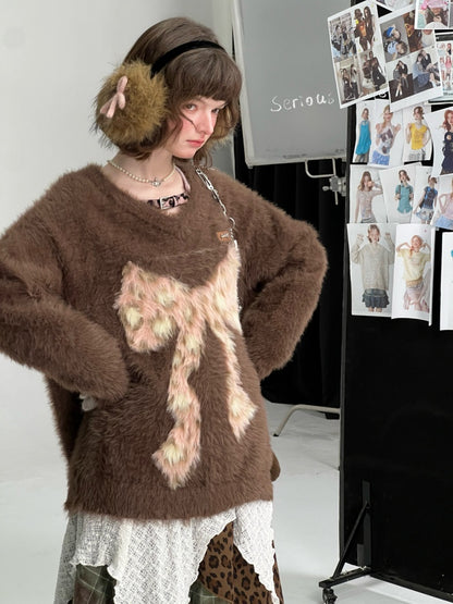 Leopard Print Bow Pattern Plush Soft Waxy V-Neck Sweater【s0000015238】