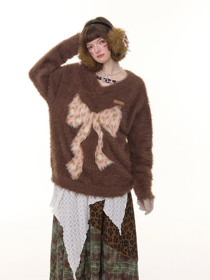 Leopard Print Bow Pattern Plush Soft Waxy V-Neck Sweater【s0000015238】