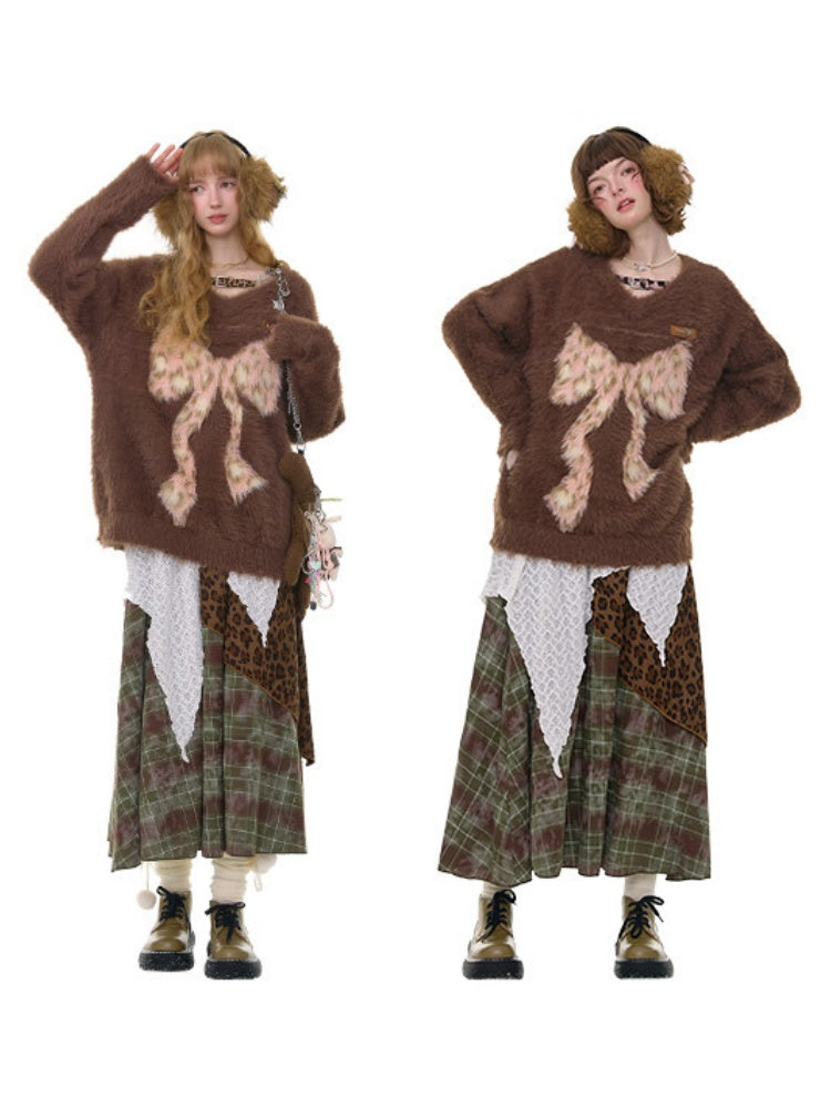 Leopard Print Bow Pattern Plush Soft Waxy V-Neck Sweater【s0000015238】