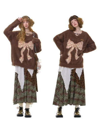 Leopard Print Bow Pattern Plush Soft Waxy V-Neck Sweater【s0000015238】