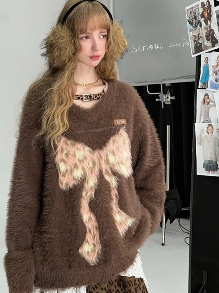 Leopard Print Bow Pattern Plush Soft Waxy V-Neck Sweater【s0000015238】