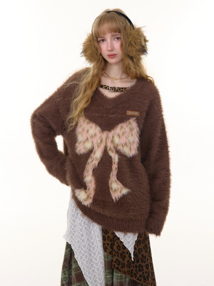 Leopard Print Bow Pattern Plush Soft Waxy V-Neck Sweater【s0000015238】
