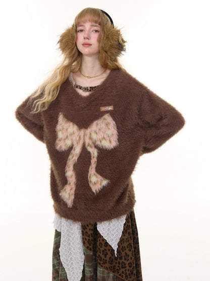 Leopard Print Bow Pattern Plush Soft Waxy V-Neck Sweater【s0000015238】