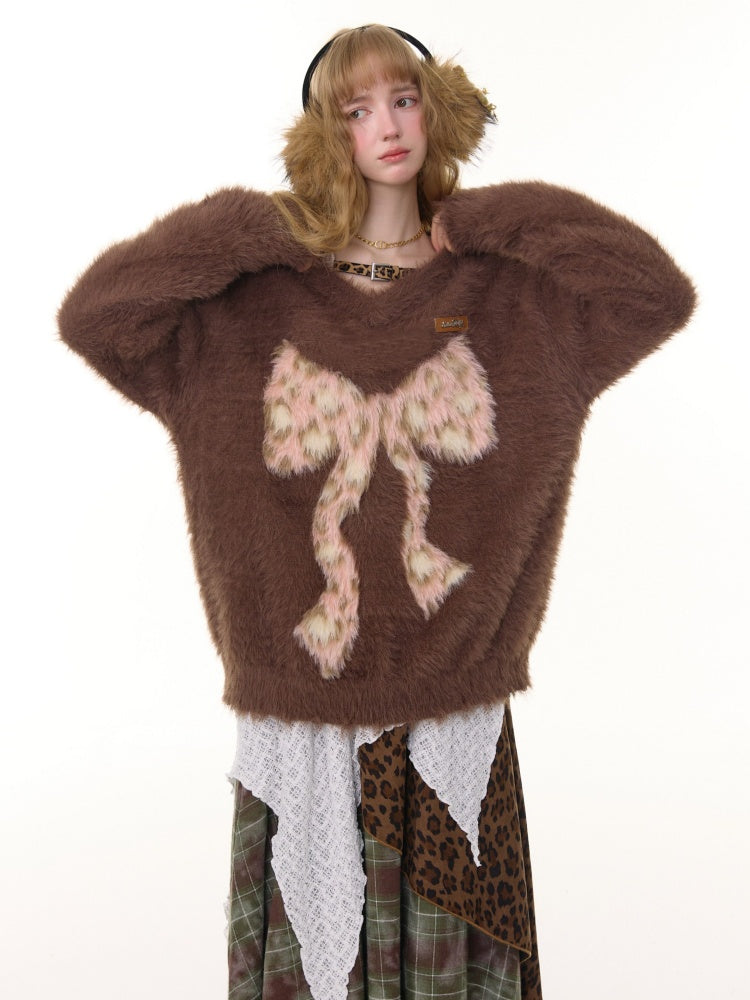 Leopard Print Bow Pattern Plush Soft Waxy V-Neck Sweater【s0000015238】