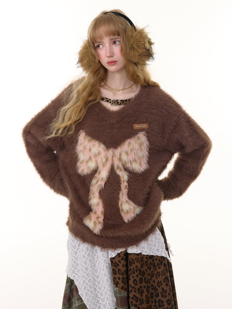 Leopard Print Bow Pattern Plush Soft Waxy V-Neck Sweater【s0000015238】