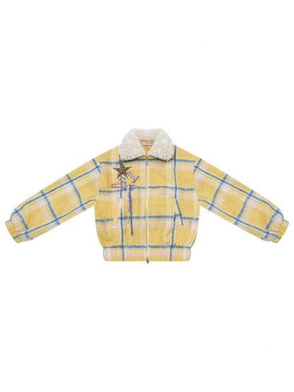 Plaid Fur Collar Thickened Star Pattern Woolen Jacket【s0000015239】