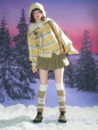 Plaid Fur Collar Thickened Star Pattern Woolen Jacket【s0000015239】