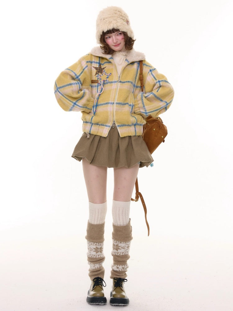 Plaid Fur Collar Thickened Star Pattern Woolen Jacket【s0000015239】