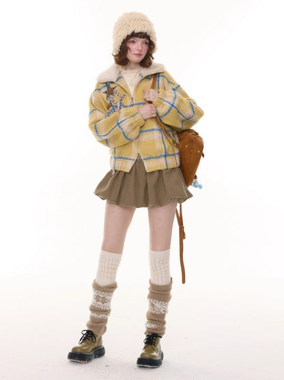 Plaid Fur Collar Thickened Star Pattern Woolen Jacket【s0000015239】