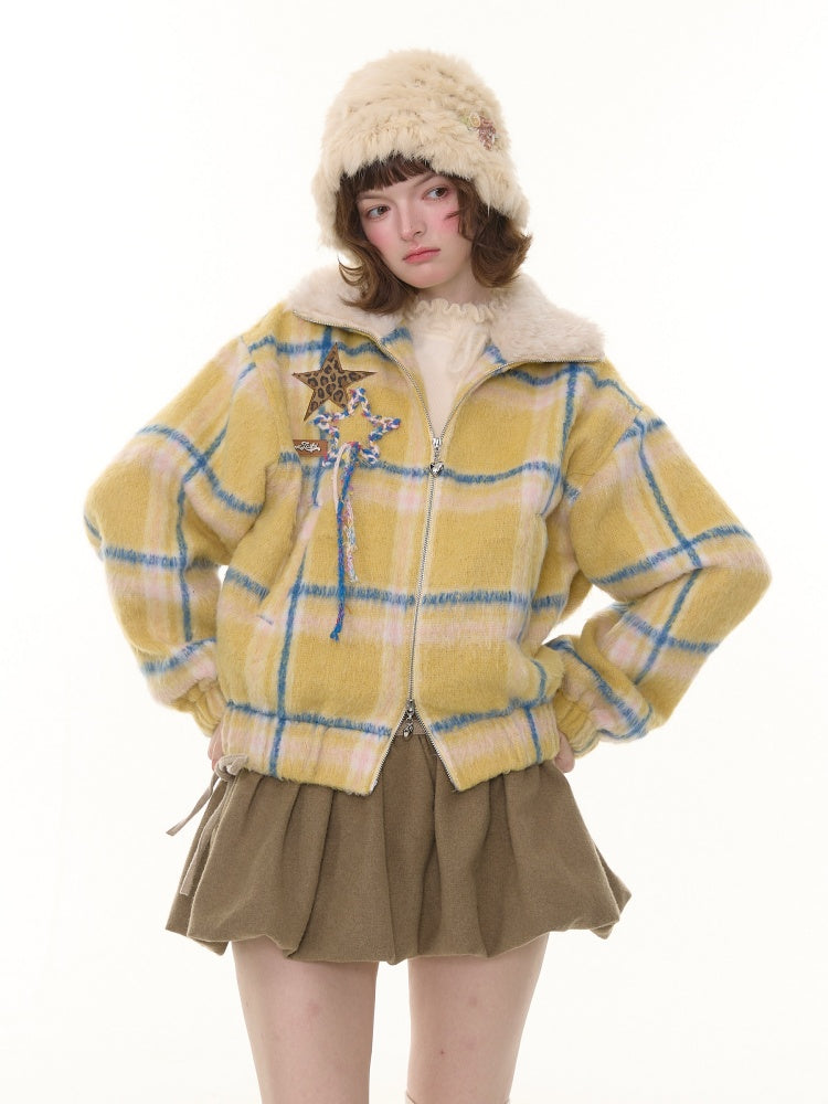 Plaid Fur Collar Thickened Star Pattern Woolen Jacket【s0000015239】