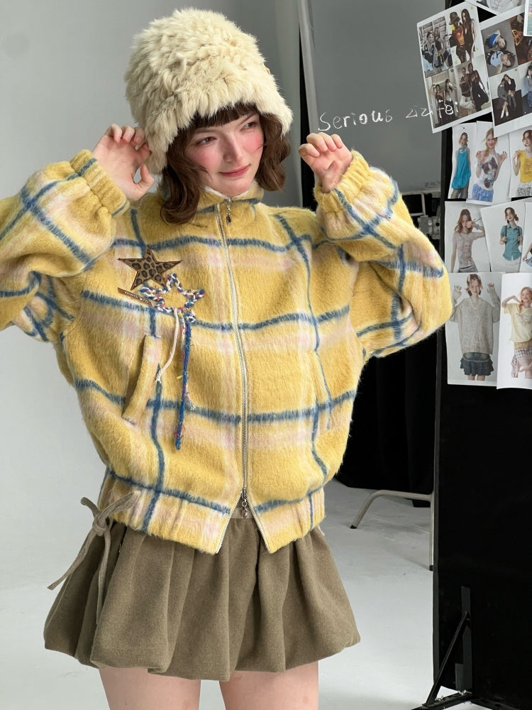 Plaid Fur Collar Thickened Star Pattern Woolen Jacket【s0000015239】
