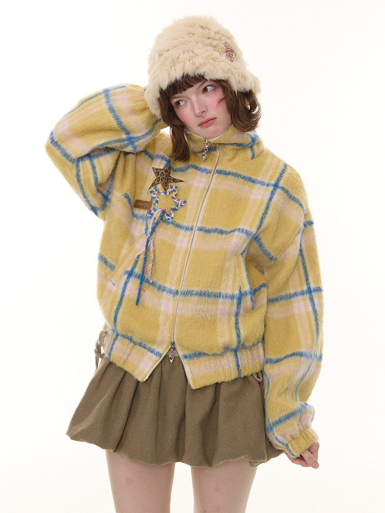 Plaid Fur Collar Thickened Star Pattern Woolen Jacket【s0000015239】