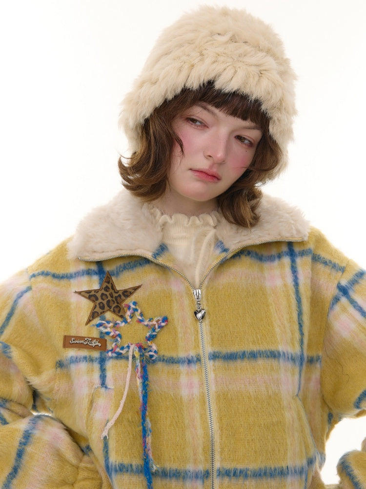 Plaid Fur Collar Thickened Star Pattern Woolen Jacket【s0000015239】