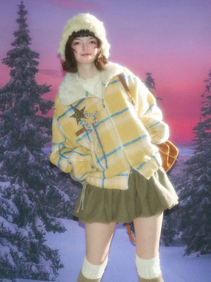 Plaid Fur Collar Thickened Star Pattern Woolen Jacket【s0000015239】