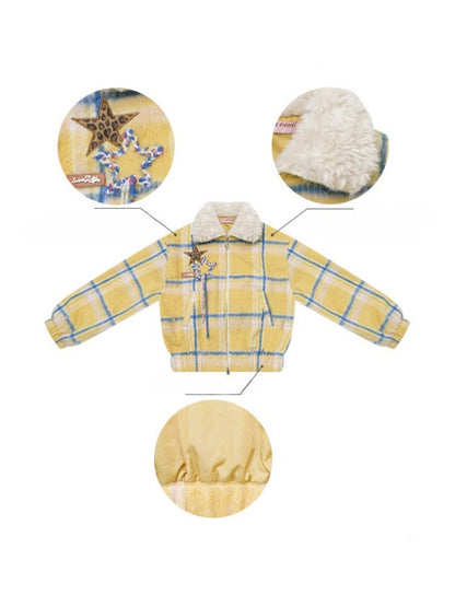 Plaid Fur Collar Thickened Star Pattern Woolen Jacket【s0000015239】