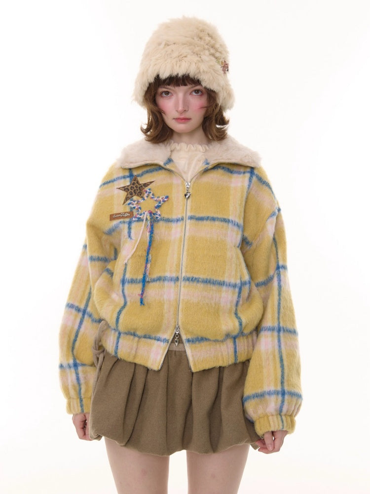 Plaid Fur Collar Thickened Star Pattern Woolen Jacket【s0000015239】