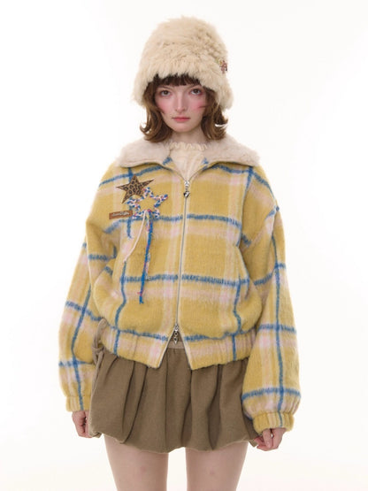 Plaid Fur Collar Thickened Star Pattern Woolen Jacket【s0000015239】