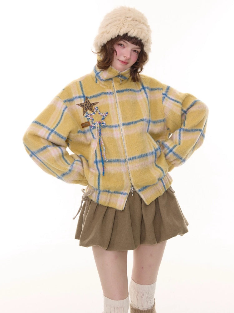 Plaid Fur Collar Thickened Star Pattern Woolen Jacket【s0000015239】