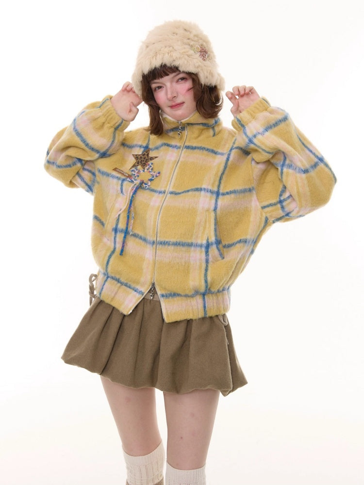 Plaid Fur Collar Thickened Star Pattern Woolen Jacket【s0000015239】