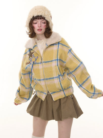 Plaid Fur Collar Thickened Star Pattern Woolen Jacket【s0000015239】