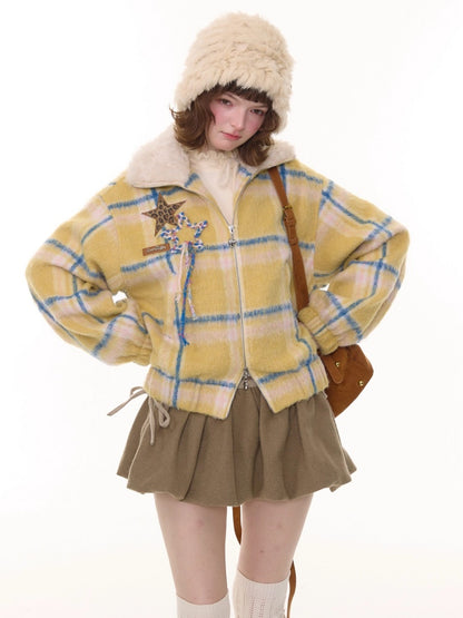 Plaid Fur Collar Thickened Star Pattern Woolen Jacket【s0000015239】