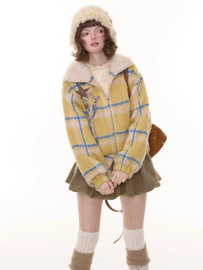 Plaid Fur Collar Thickened Star Pattern Woolen Jacket【s0000015239】