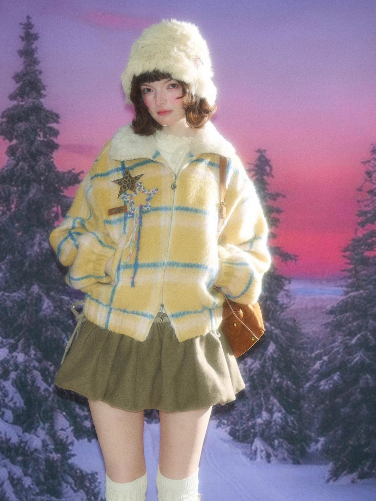 Plaid Fur Collar Thickened Star Pattern Woolen Jacket【s0000015239】