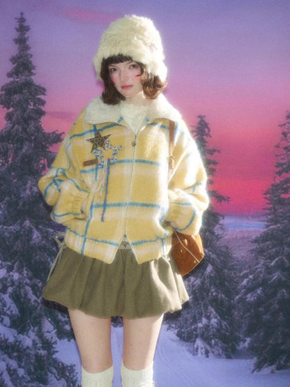 Plaid Fur Collar Thickened Star Pattern Woolen Jacket【s0000015239】